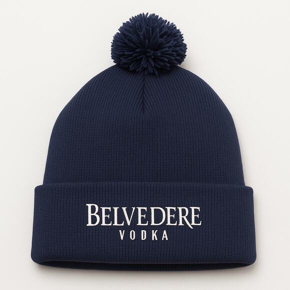 Belvedere Vodka Knit Beanie Hat Cap Pom Cuff Spirit Ski Snowboard OS Navy Blue - Picture 2 of 11